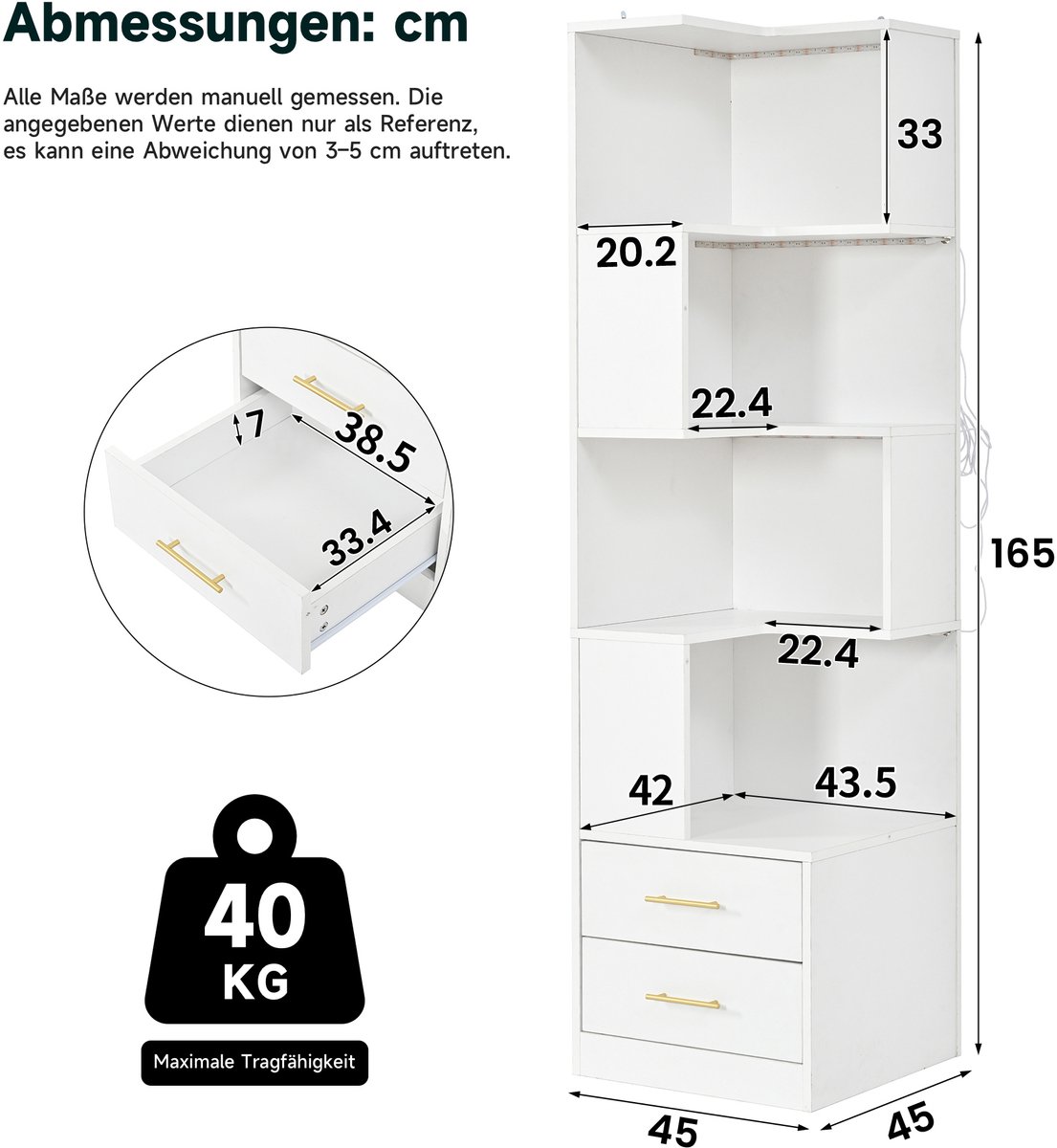 STILVORA Hoekkast - LED Verlichting Met 2 Lades En 4 Open Vakken - Voor Woonkamer En Slaapkamer - Spaanplaat - Wit - 165x45x45 Cm