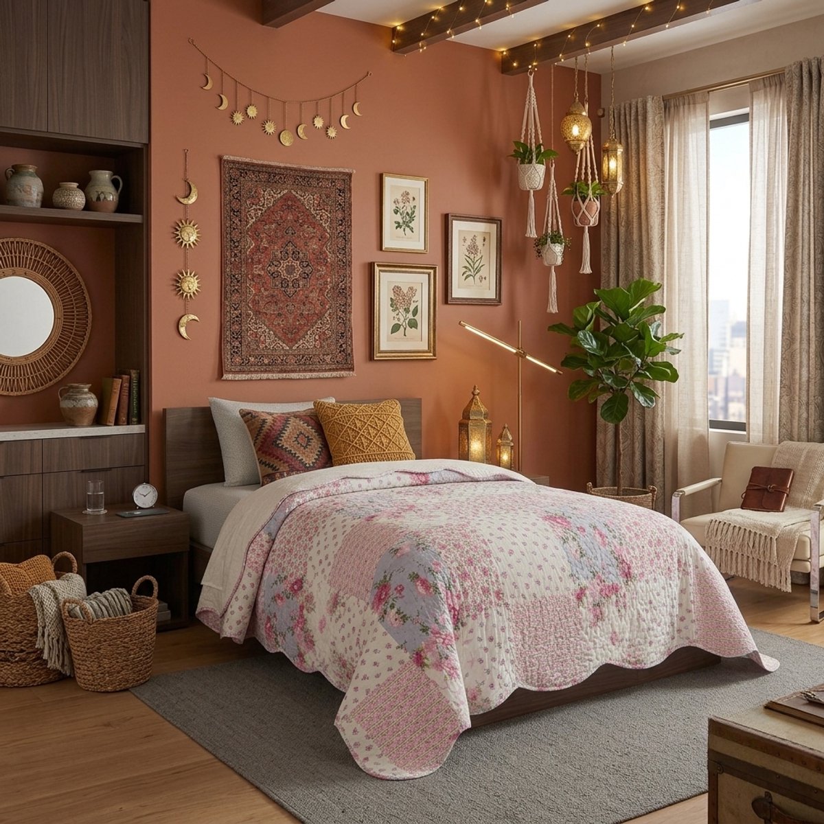 TRANKIELO® - Patchworkdeken in landelijke stijl - Rozenpatroon - Zacht gewatteerd - 220 x 240 cm