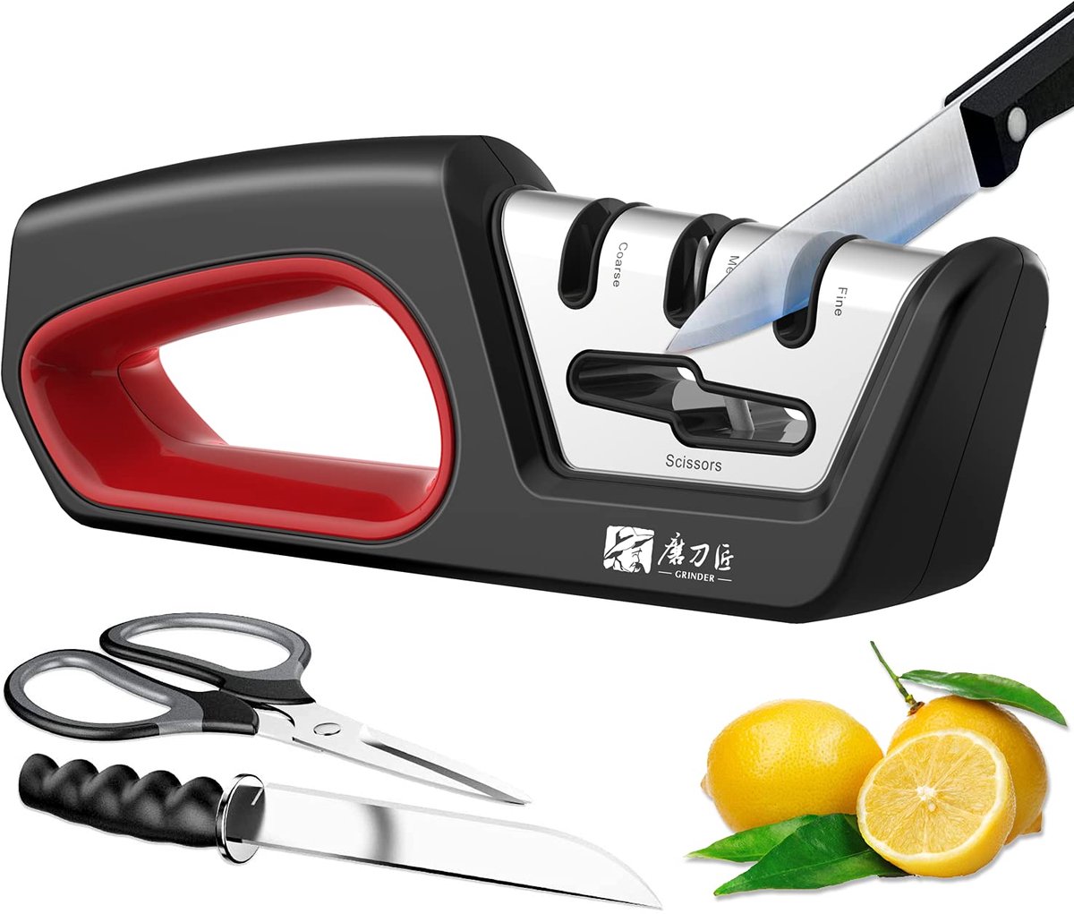 Messenslijper 4-in-1 - diamant + wolfraamstaal + keramisch - voor koksmessen en scharen - eenvoudig slijpen - ShopVlot