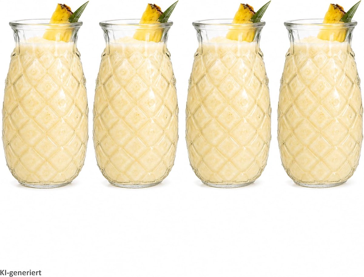 Set van 4 Pina Ananas glazen | 400ml, hoogte 14,8 cm | voor 4 personen | helder cocktailglas met ananasreliëf | transparante feestglazen voor de zomer | sapglazen, longdrinkglas, waterglas