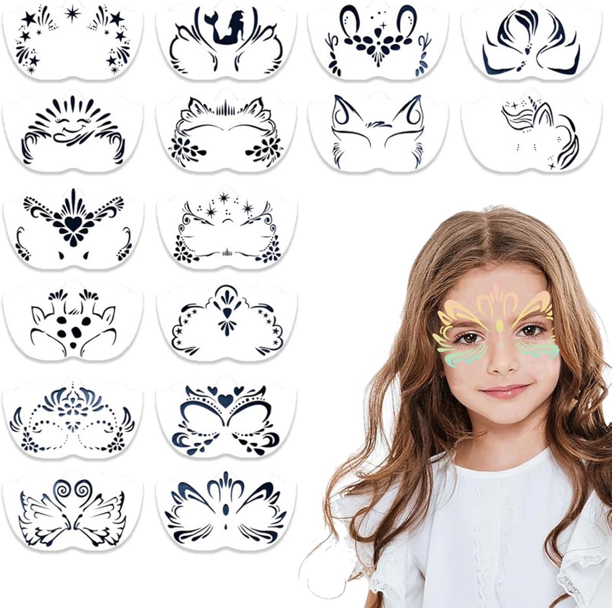 16 stuks tattoosjablonen voor kinderen, herbruikbare glittertattoosjablonen, kinderschminken, schminksjablonen, gezicht, kinderen, glad en braamvrij, voor gezicht, armen, schouders, rug