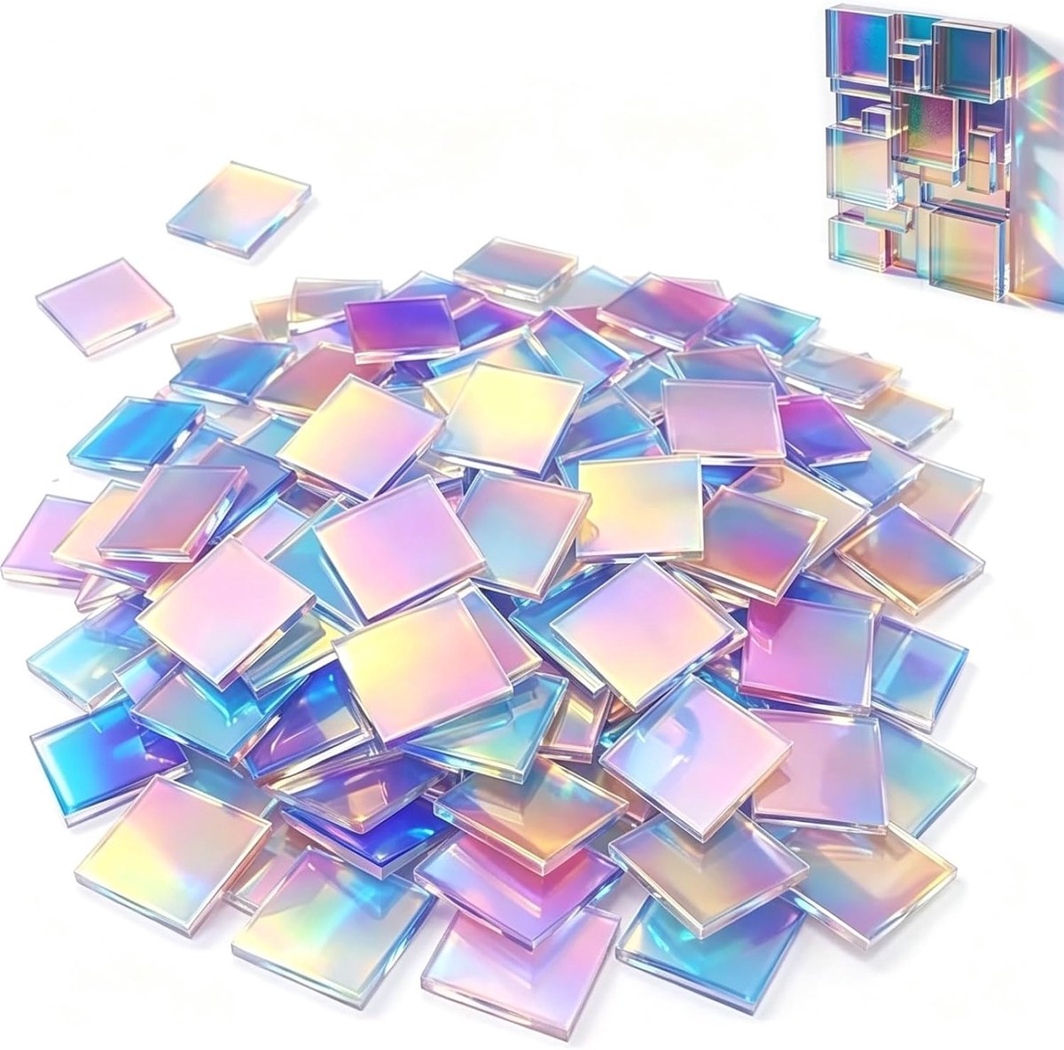 100 stuks mini-vierkanten van acryl, regenboog, 2 x 2 cm, aan beide zijden | Holografische acrylplaten, geschikt voor creatieve vrije tijd, projecten die spelen op schaduwen en lichten