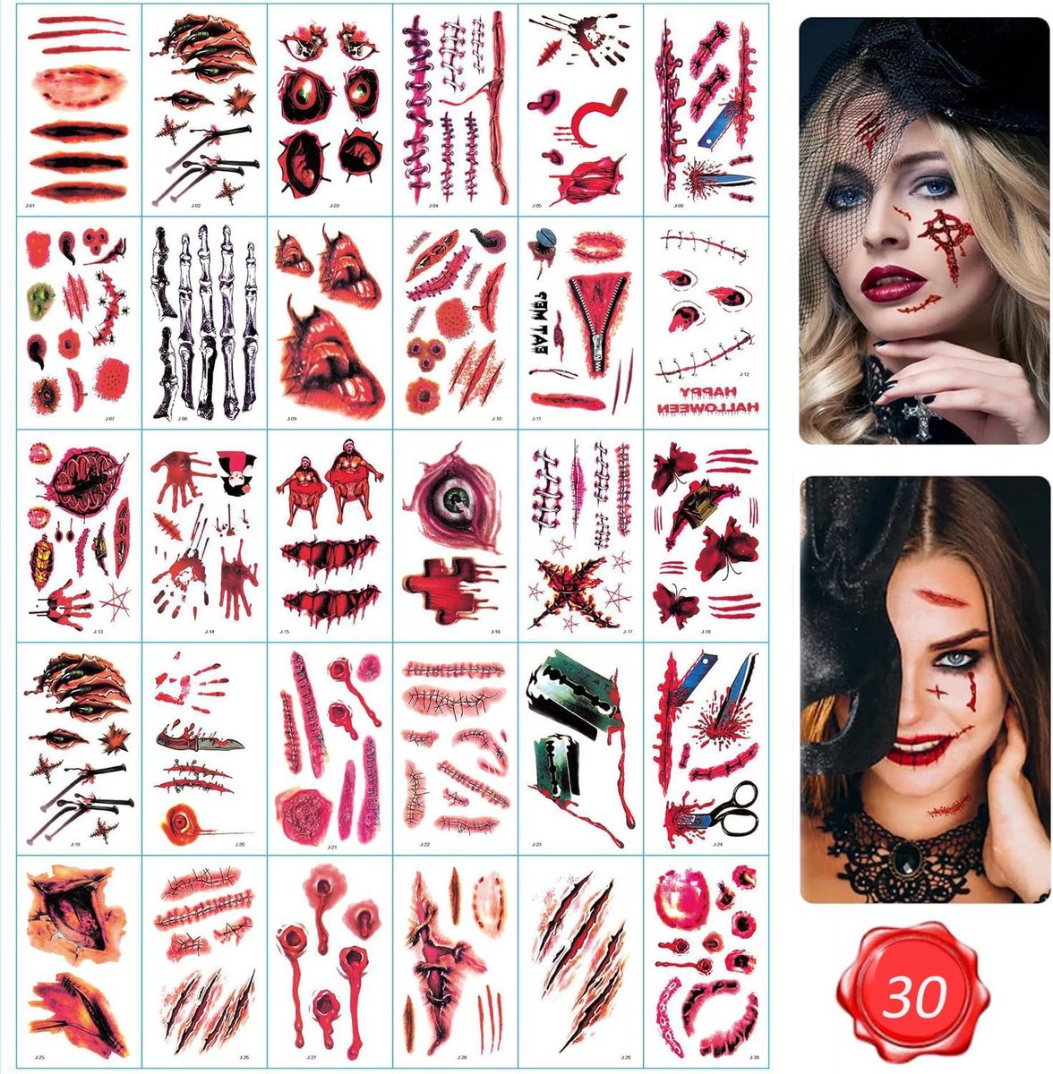 Littekentatoeages, 30 vellen Halloween littekentatoeages, stickers met kunstschorst, bloed, zombie-tattoo, halloween littekenmake-up, Halloween gezichtsstickers, zombie, nep letsel, wond