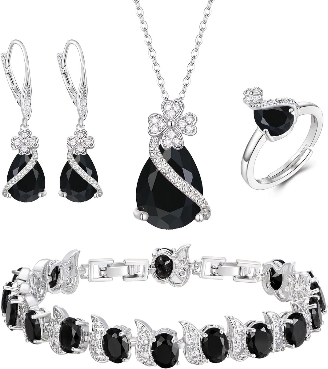 4 stuks klaversieraden set peervormige kubische zirkonia halsketting oorbellen tennisarmband ringensets formele sieraden cadeau voor dames