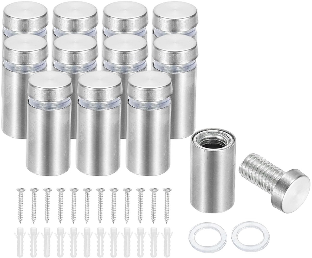 12 x 25 mm afstandsschroeven, 12 stuks roestvrijstalen wandmontage bord afstandhouders montagehardware reclamenagel voor het ophangen van acryl fotolijsten, zilver