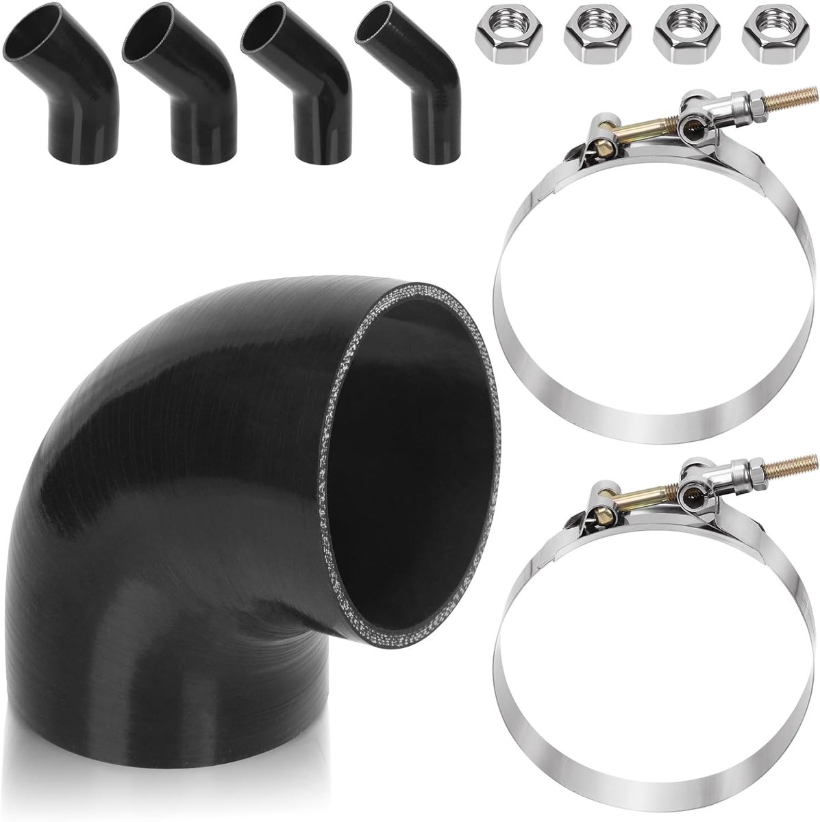 7 stks 90 graden elleboogkoppeling siliconen slang set bevat 1 stks ID 4 "4-laags High Performance Koppeling Siliconen Slang 2 stks 4.2-4.5" T-Bolt Klem 4 stks M6 Hex Moer