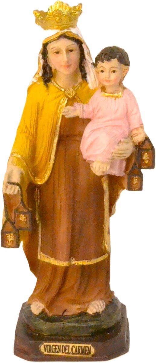 Virgen del Carmen katholiek religieus beeldje, decoratiefiguur, 13 cm, traditioneel ornament in bruin en goud, basis met inscriptie