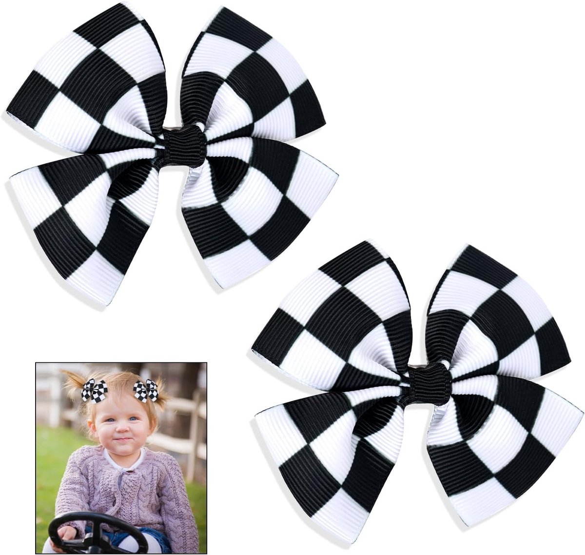 2 stks Racing Geruite Vlag Boog Clips, Haarboog Clip Zwart en Wit Racing Fan Pigtail Haar Clips Haaraccessoires Racing Geruite Styling voor Kinderen Vrouwen Meisjes Dik Dun Haar