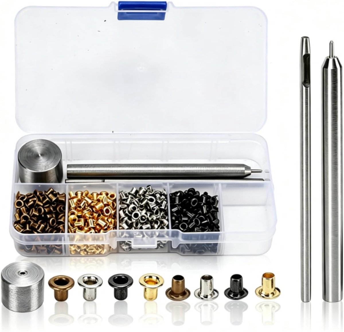 ogen van 2 mm, 2 mm mini-ogen, koperen metalen set met herbruikbare kunststof opbergdoos, metalen ogen, riem, ooggespen