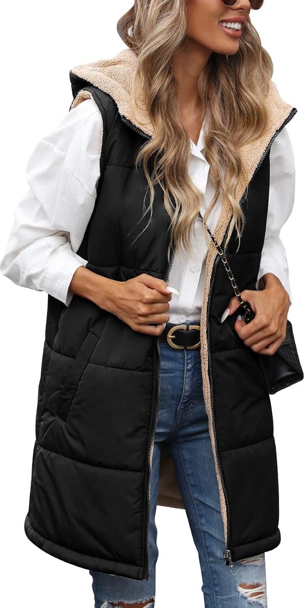 Bodywarmers voor dames, gewatteerde bodywarmers met ritssluiting, gewatteerd vest voor dames, lange bodywarmers met capuchon, mouwloos, donsjas, fleece, dik vest, wintervest