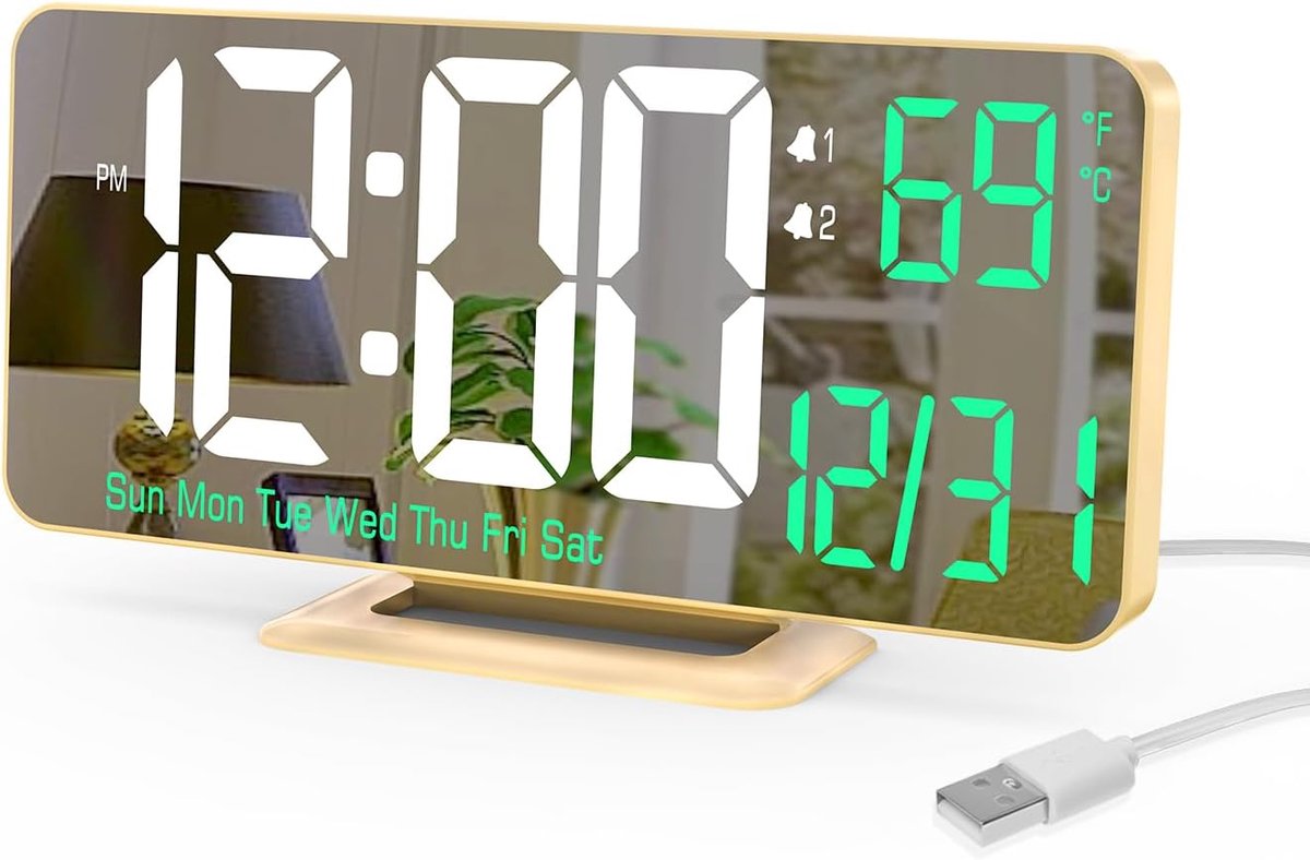 Computerklok voor slaapkameraccessoires, 17,8 cm (6,7 inch) digitale wekker, dimbaar, 12/24 uur, datum, weekdag, temperatuur, led-klok, kalender…