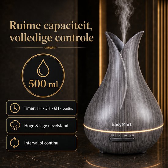 Donkergrijze EasyMart aroma diffuser met houten afwerking, gevuld met 500 ml water en met een timer en mistfunctie.