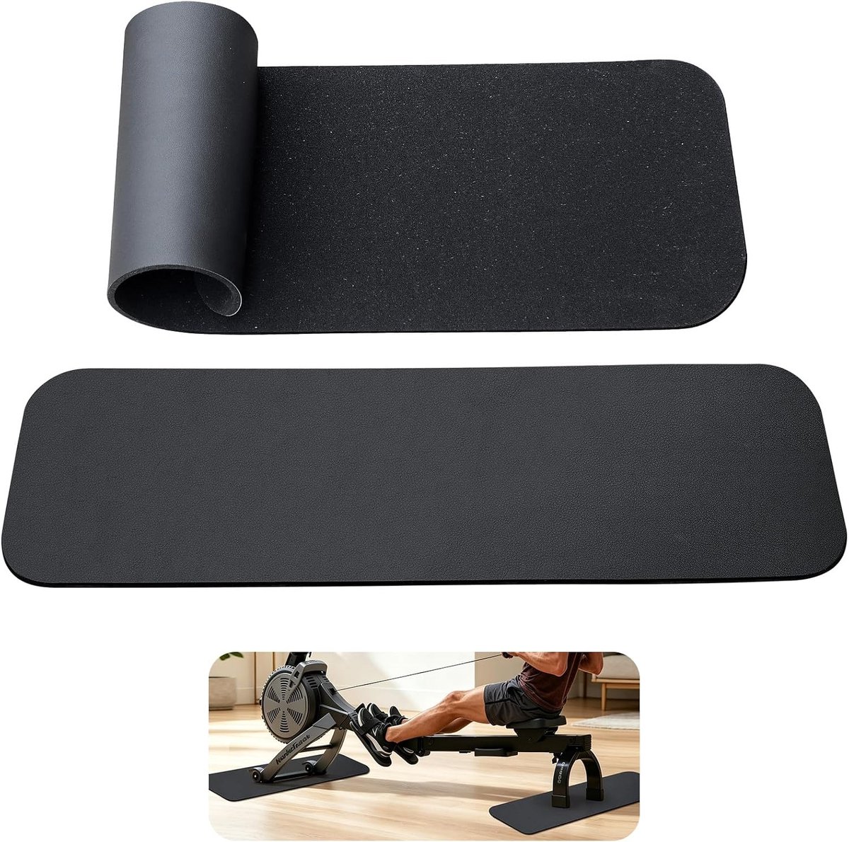 Beschermmat voor Fitnessapparaten Set van 2 stuks, 6mm Antislip Onderlegmat voor Loopband en Roeitrainer, Schokabsorberende Waterdichte Vloermat van Nappa-leer & Siliconen, Zwart