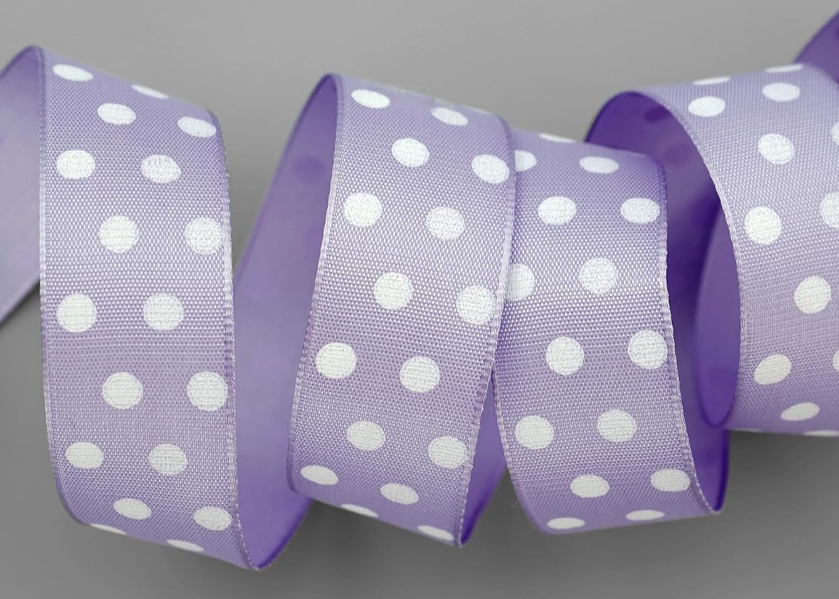 20 m x 25 mm taftlint, eenzijdig bedrukt met stippen, lila lavendel, vormvast met draad draadrand, decoratief lint, cadeaulint, Pasen, lente, kinderen, polkadots, gestippeld, vrolijk