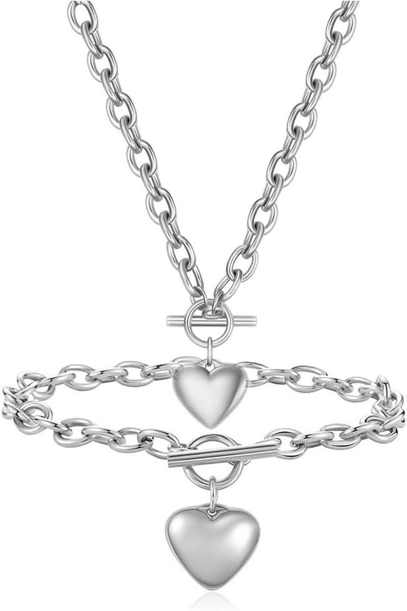 hanger sieradenset schakelketting halsketting armband combinatie roestvrij staal zilvertint toggle sluiting dames accessoires