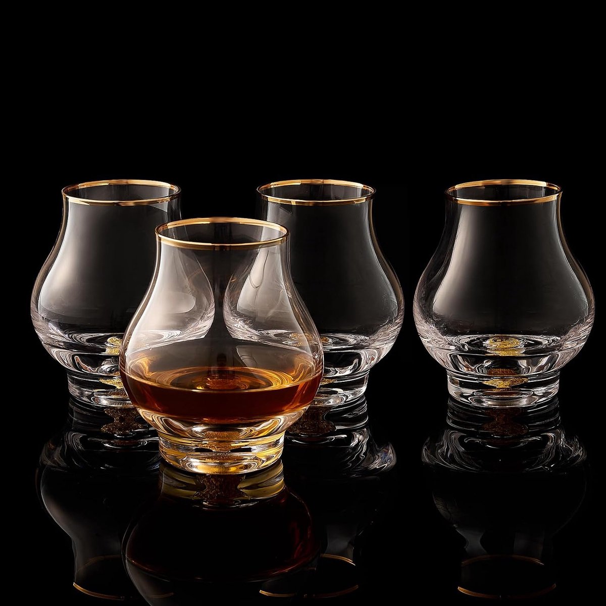 【2025 Nieuw ontwerp】 Elegante gewelfde snuifglazen set van 4 (205 ml), kristal whiskyglas met 24K goudbladvlokken, UNIEK, luxe glas voor brandewijn/tequila, BPA-vrij & loodvrij