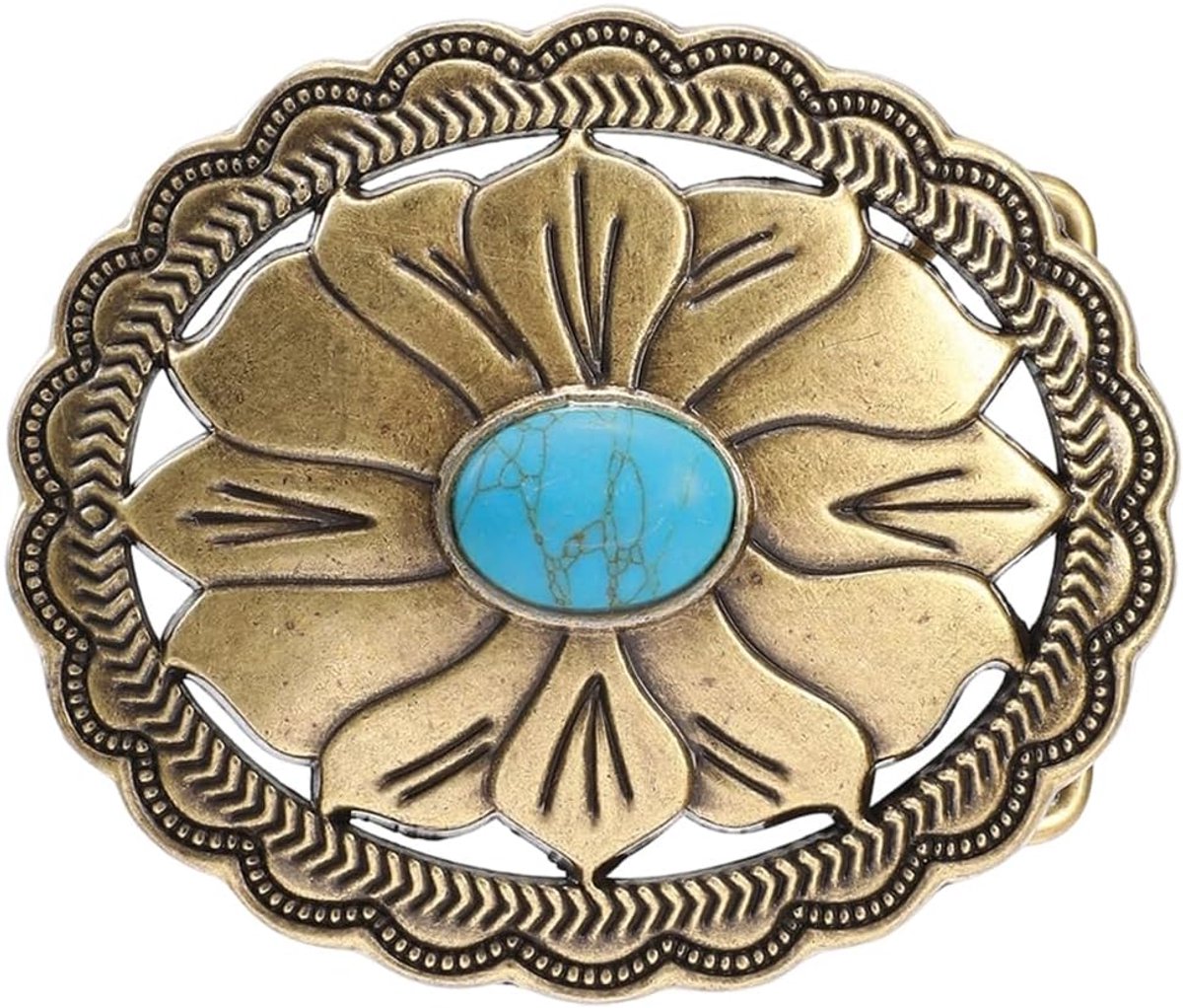 Riemgesp, turquoise, 8 x 6,7 cm, accessoires voor rodeo cowboy, westernjeans, ovaal, Amerikaans, gebloemd, cowgirl, kruis, lange hoorn uit Texas, edelsteengespen voor dames