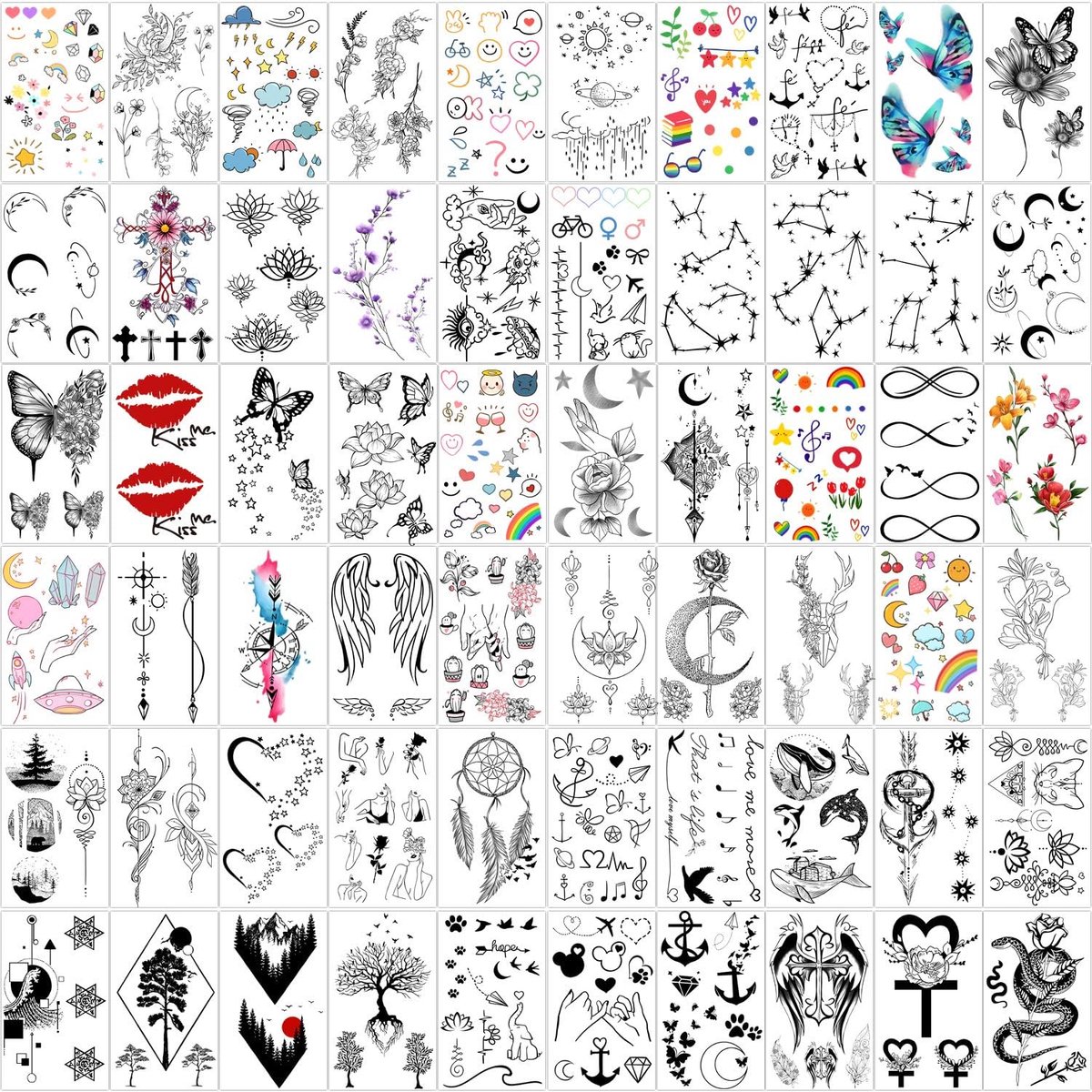60 vellen Kleine Waterbestendige Tijdelijke Tattoos Maan Sterren Sterrenbeelden Muziek Kompas Anker Woorden Lijnen Bloemen voor Kinderen Volwassenen Mannen en Vrouwen...