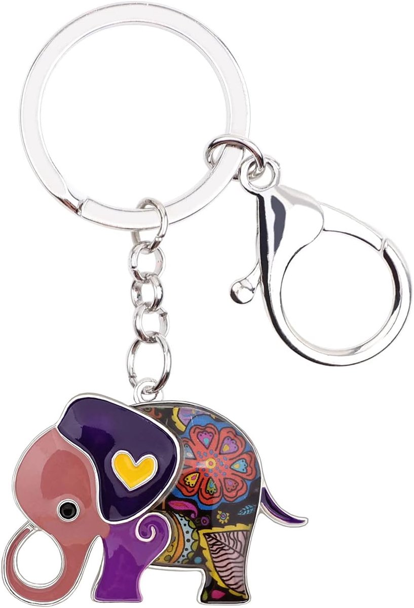 Metalen Ketting Jungle Olifant Sleutelhangers Voor Vrouwen Auto Purse Handtas Charms, Violet, 47mm x 40mm
