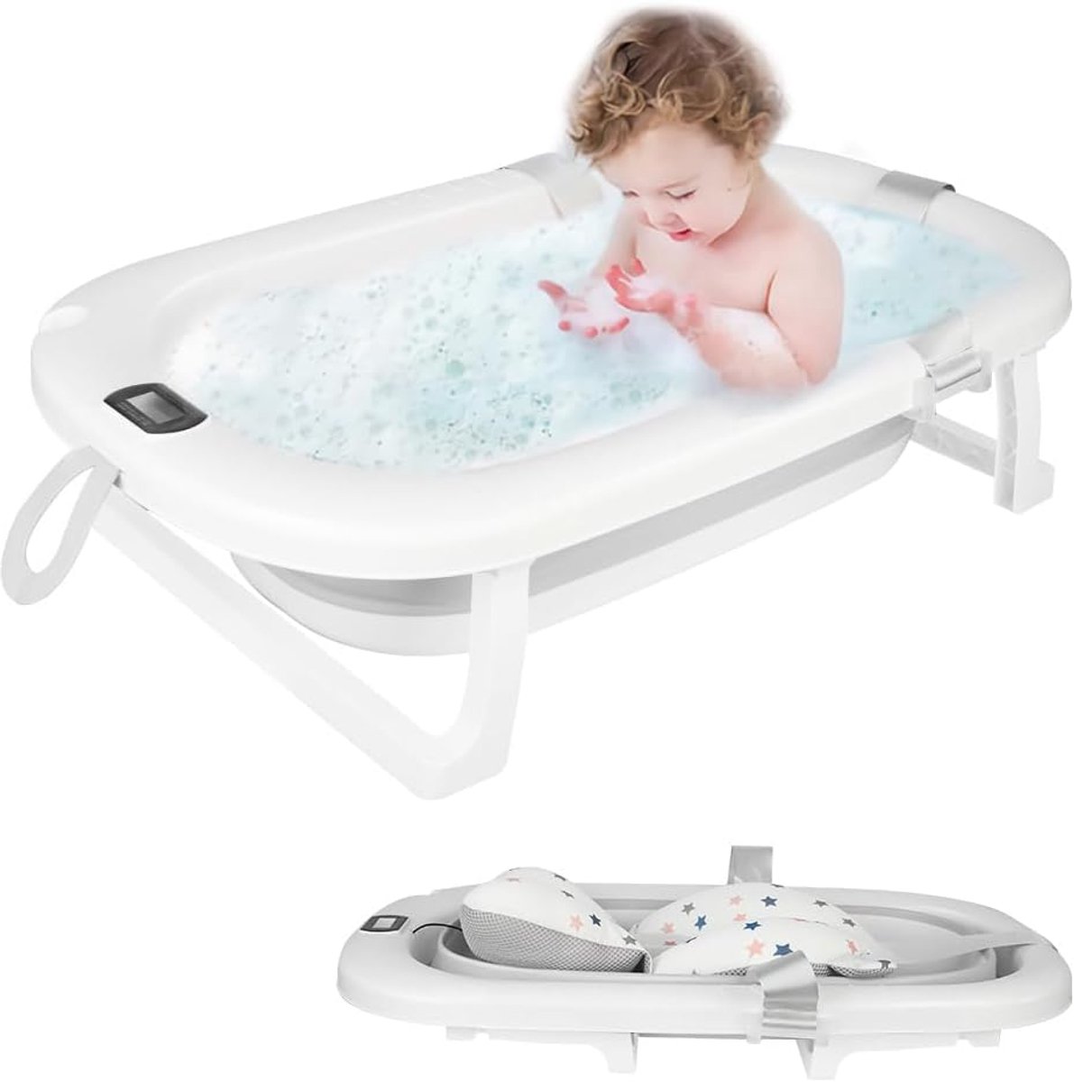 Homewell Opvouwbaar babybad, kinderbad met babybadkussen en geïntegreerde thermometer, draagbare reisbadkuip, ideaal als geboortecadeau voor meisjes of jongens (grijs)