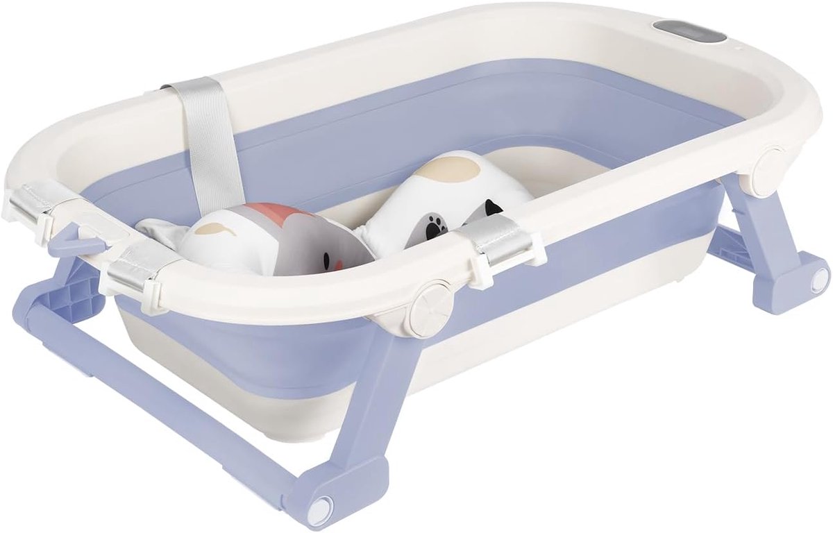 Babybad, babybad met steunkussen, vrijstaand, babybadslang, comfortabel, uitgerust met een thermometer, ideaal cadeau voor pasgeborenen, voor reizen, outdoor design (grijs) (blauw)