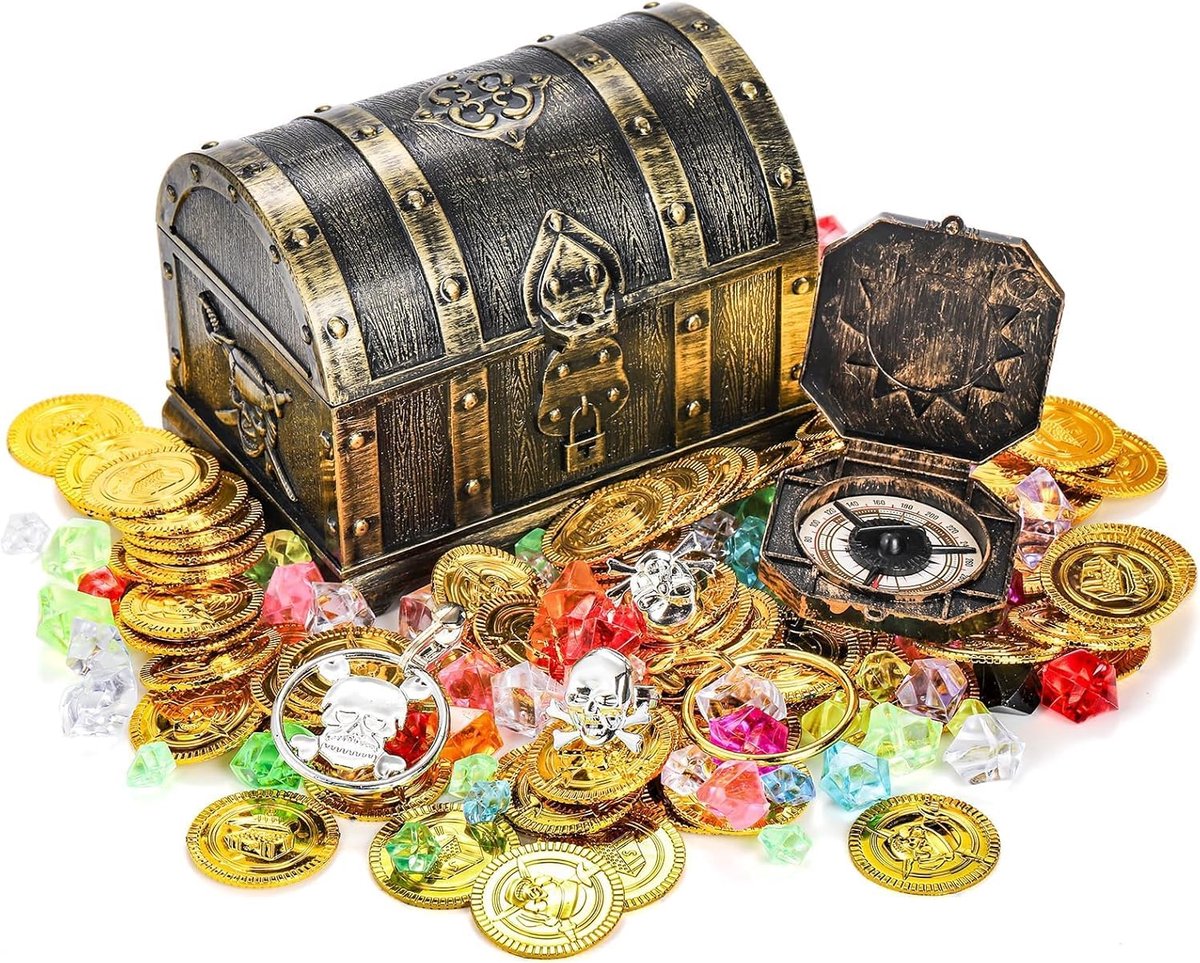 207-delige kinder piratenschatkist speelgoedkist in antieke kleur met 100 kleurrijke edelstenen, 100 plastic gouden munten, 4 oorbellen, 2 ringen, 1 kompas voor jongen meisje Halloween piraten