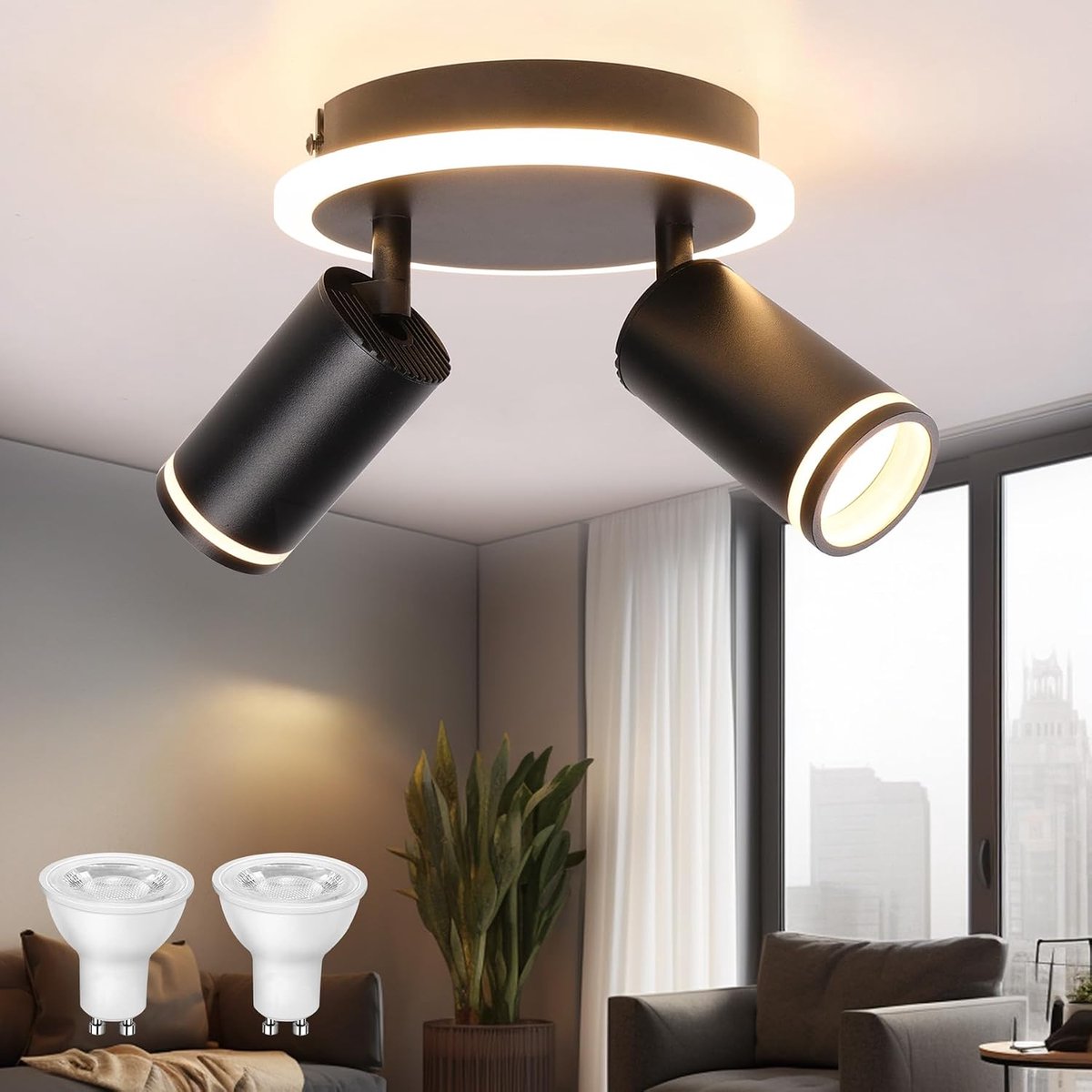Zwart, plafondspot, 2 lichtpunten, draaibaar, 350 graden, plafondlampen, rond, met ondergloed, 6 W + 2 x 5 W, GU10, lamp, keuken, spots, plafondlamp, 3000 K, warmwit