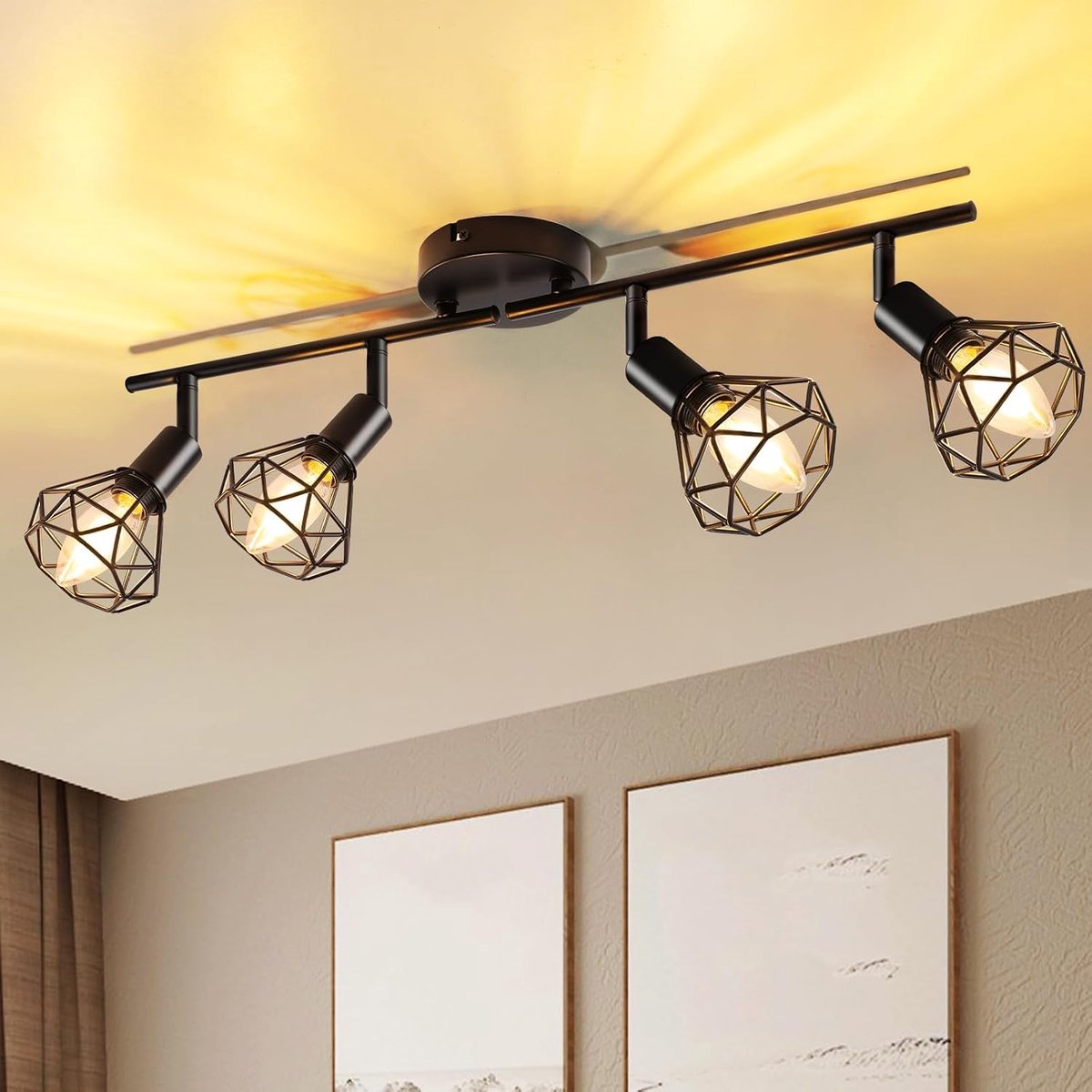 Plafondspot, 4 lichtpunten, led-plafondlamp, draaibaar, 350 graden, zwart, E14, keukenlamp, retro lamp voor keuken, woonkamer, hal, slaapkamer, zonder lampen