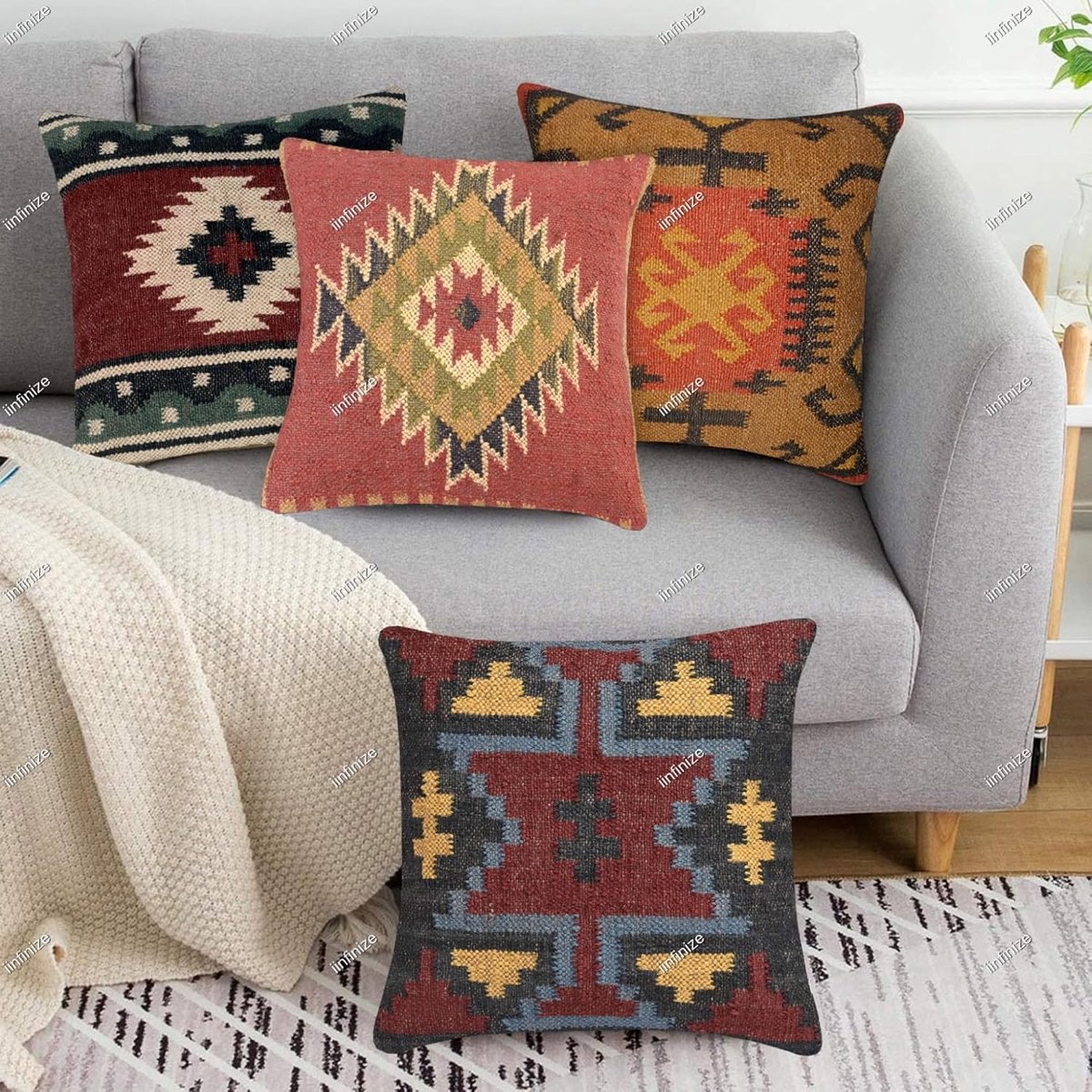 Kussensloop 45 x 45 cm - Wol-Jute - Handgeweven kilim patroon - Stijlvolle interieurdecoratie - SnelShoppen