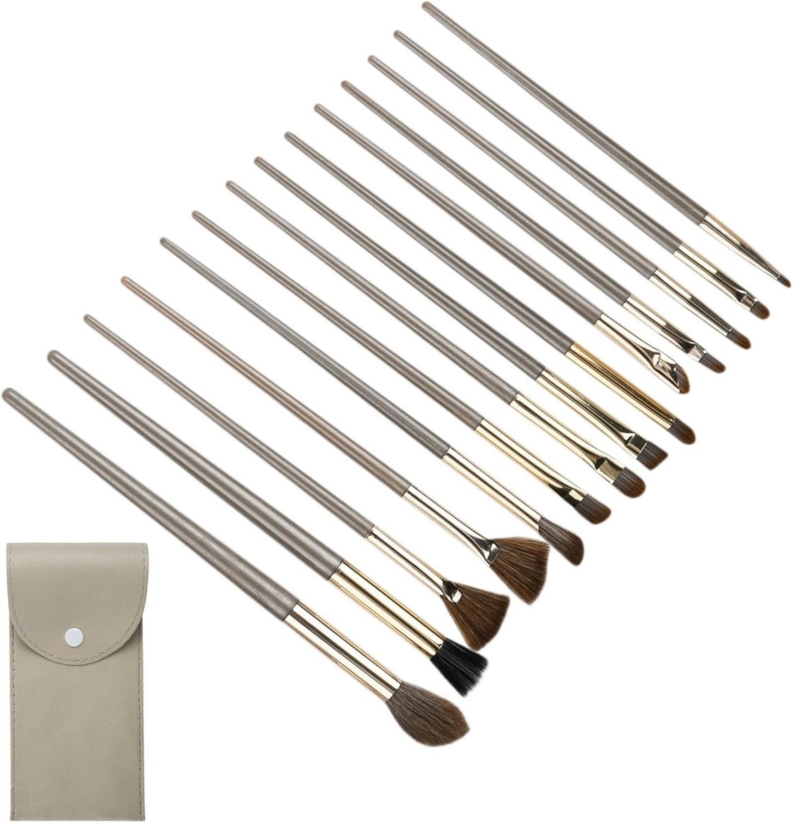 Make-upkwastenset met draagtas, make-upkwast, gezichtskwast, oogschaduw, contour, nylon, goud, cosmeticakwasten, reisset, 15 stuks