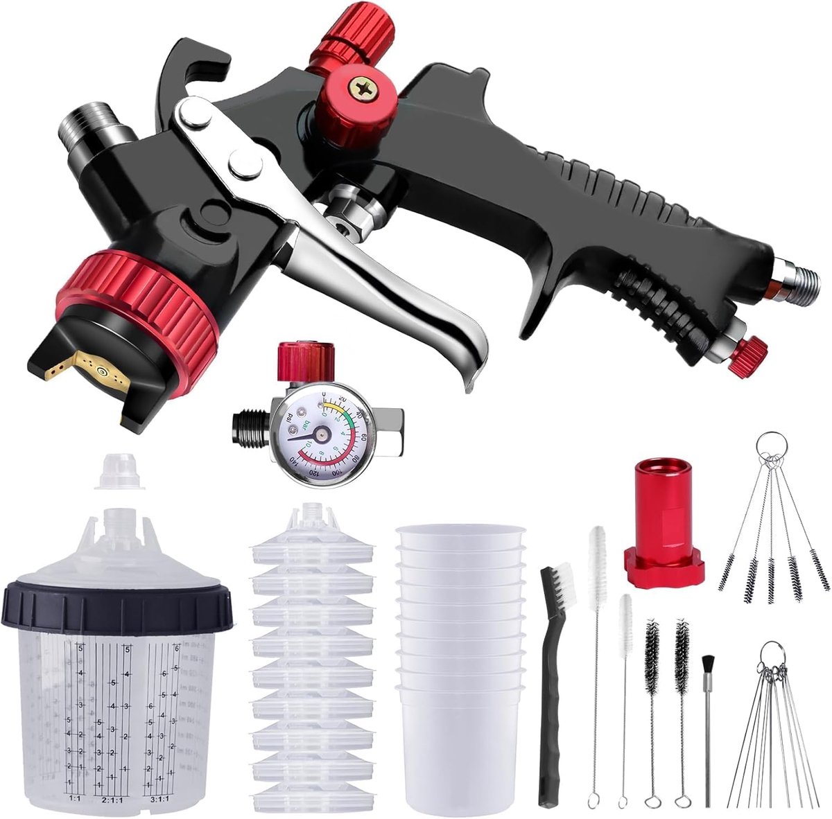 Verfspuit met verfmenging Quick Cup, 1,3 mm spuitpistool kit bevat 10 wegwerpkopjes, reinigingsborstels, drukregelaar voor autoschilderen Aflybltol