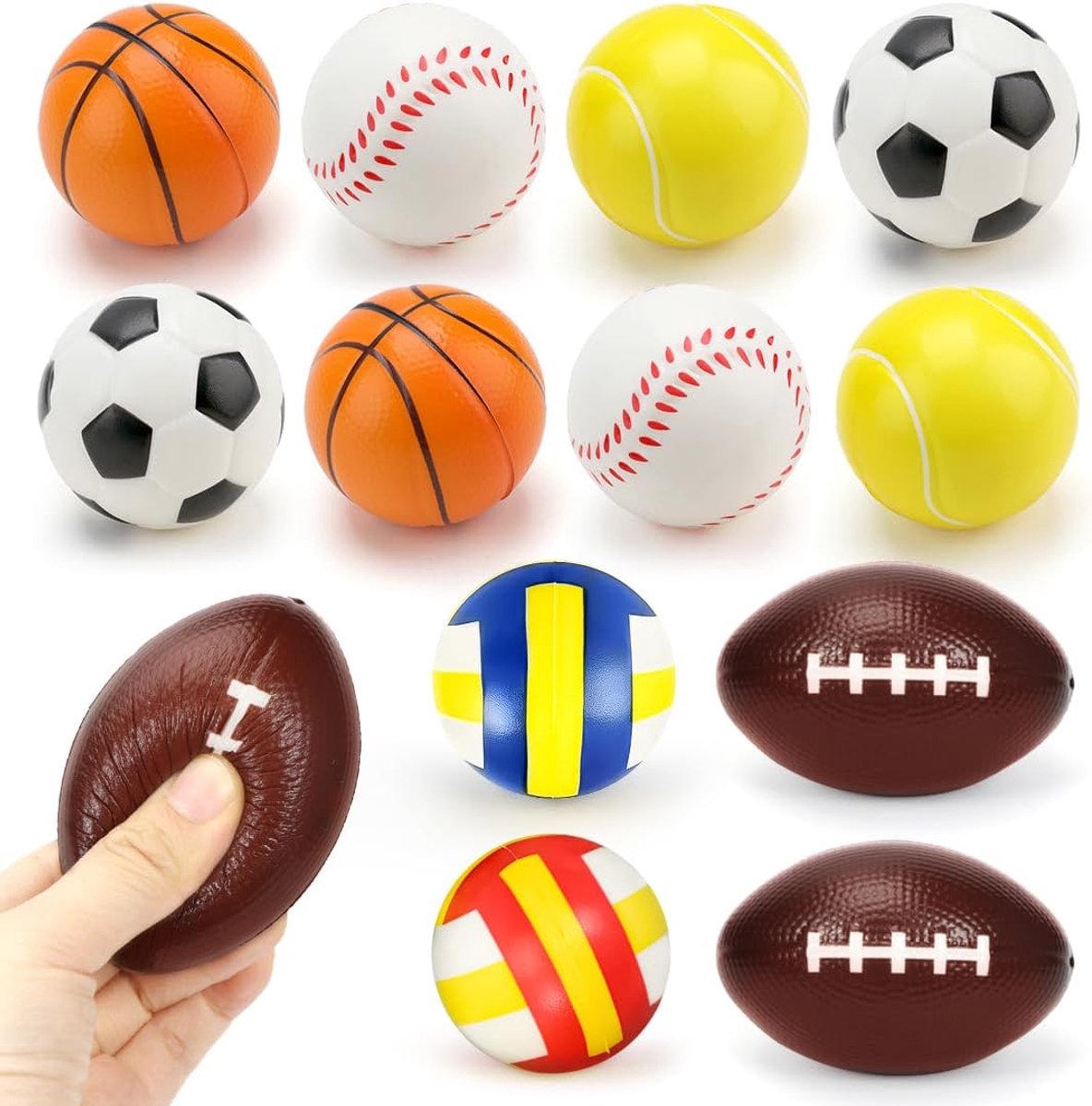 12 stuks stressballen, mini-sportballen, antistressbal voor kinderen en volwassenen, stressverminderingsbal, bevat mini-voetbal, basketbal, baseball, tennis, rugby en volleybal, verlichting