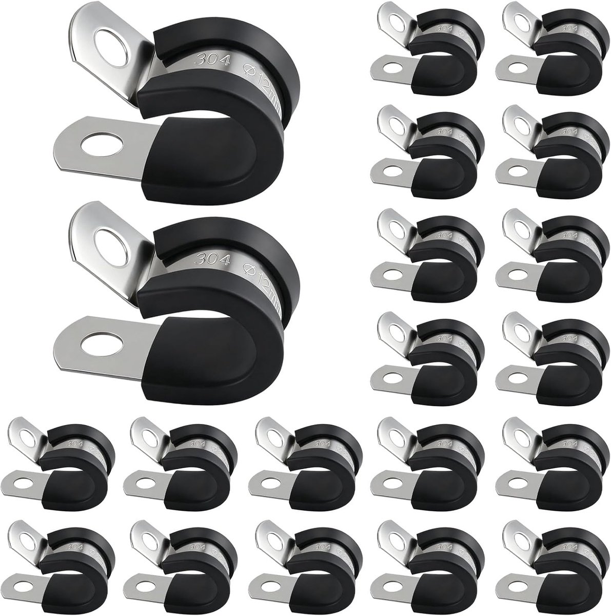 20 stuks klemklemmen van roestvrij staal, 25 mm, buisbevestigingsklem met rubberen inzetstuk, P-clips, kabel, 2 gaten, bevestiging voor slangen en kabels (12 mm)
