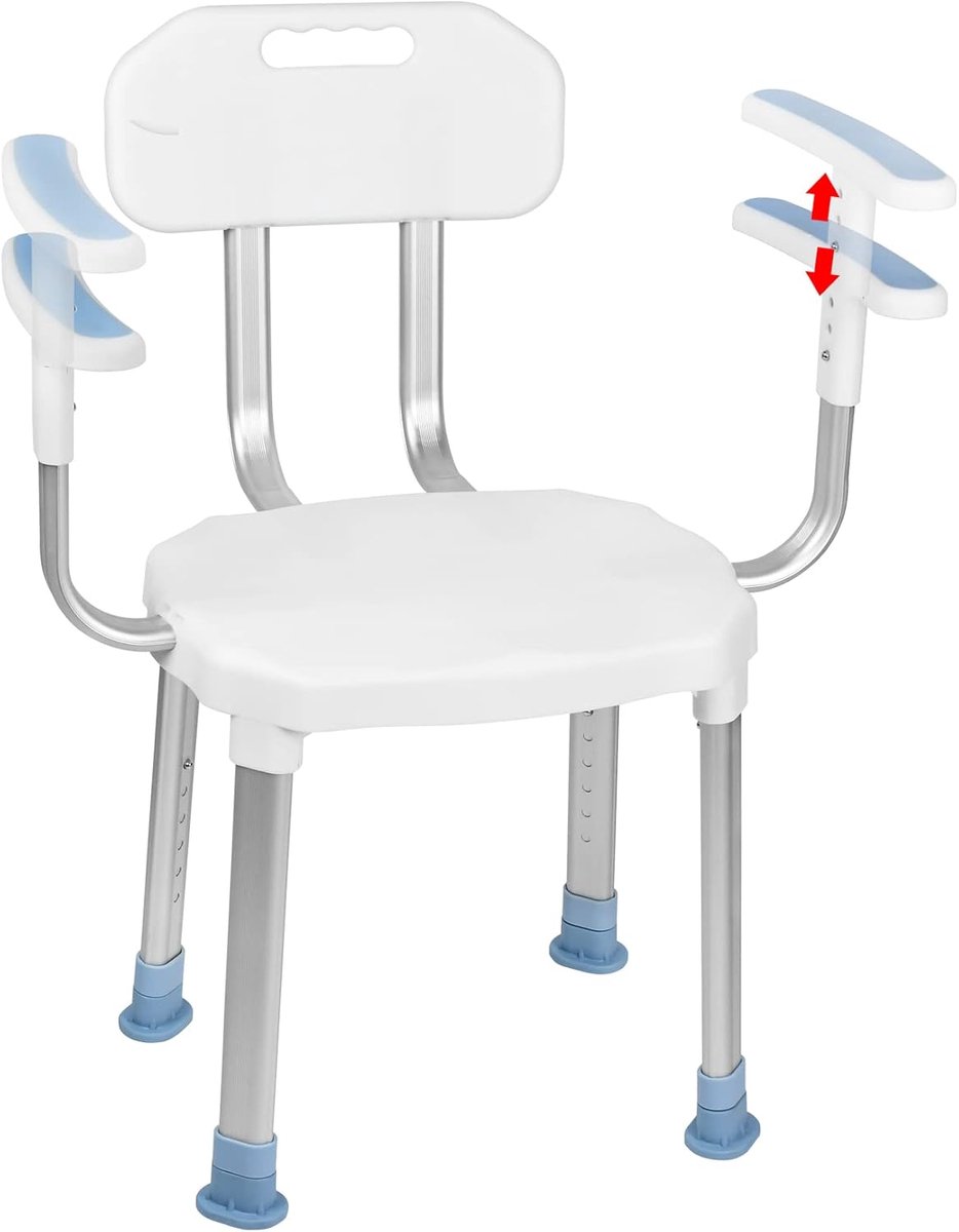 Douchekruk, douchestoel, antislip, badkruk met verstelbare armleuningen en rugleuning, badstoel, douchestoel voor senioren, gehandicapten en zwangere vrouwen, draagvermogen 150 kg, type B