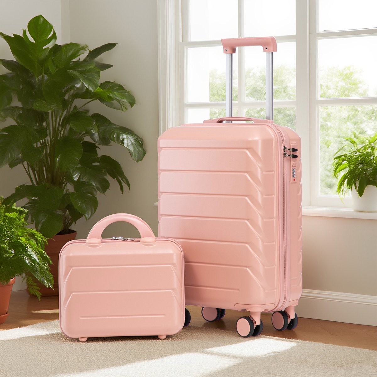 COVREO Kofferset 19 inch roze, ABS hardcase met cijferslot en 14 inch tas