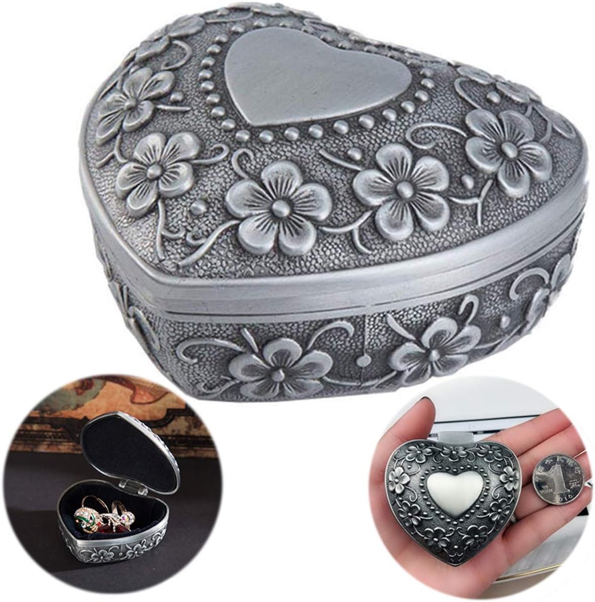 Sieradenbox Hartvormig - Vintage Metaal - Rozenontwerp - Perfect voor Decoratie en Cadeaus - ShopVlot