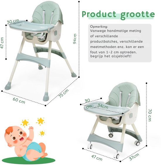 QUOVO® Kinder Eetstoel - 3-in-1 Babystoel Voor Aan Tafel Met Dienblad - Baby Stoel Voor Eten Met Wieltjes - Meegroei Kinderstoel - Baby stoeltje Zitten - Meegroeistoel Met Ligfunctie - Kindereetstoel - Groen - 52cm x 44cm x 28cm van quovo — afbeelding 5
