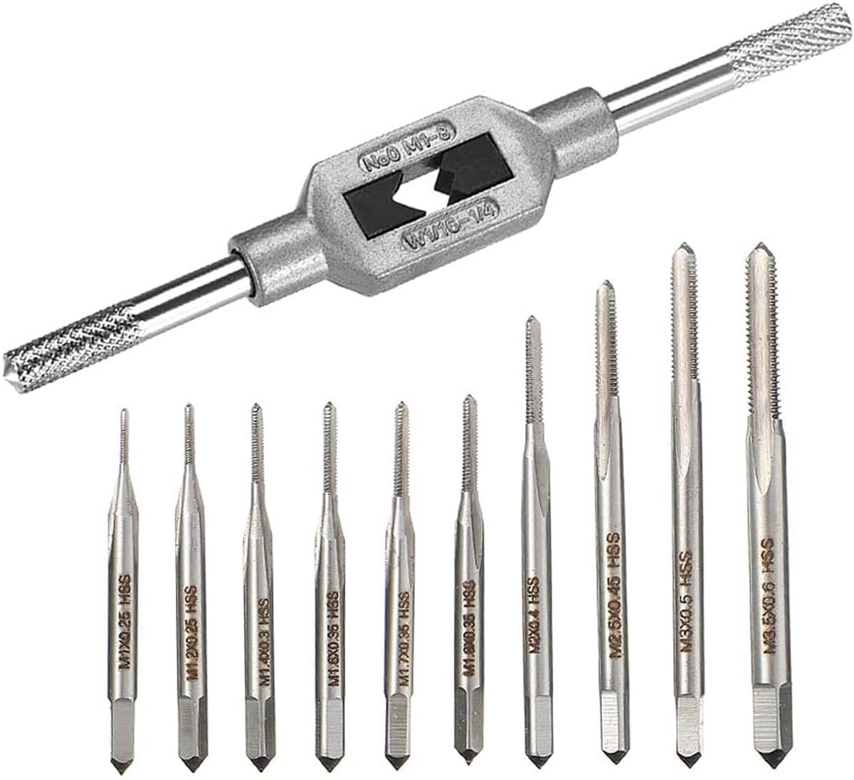 Mini tapwrench set 11-delig - HSS gereedschap - M1-M8 maat - Voor draadreparatie - ShopVlot