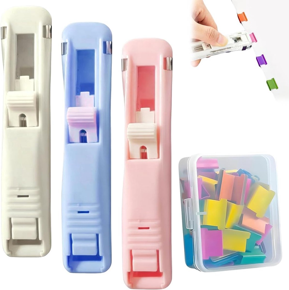 Clam Clip-dispenser 3-delig - creatieve nietmachine - met 50 navulclips - ideaal voor school en kantoor - ShopVlot