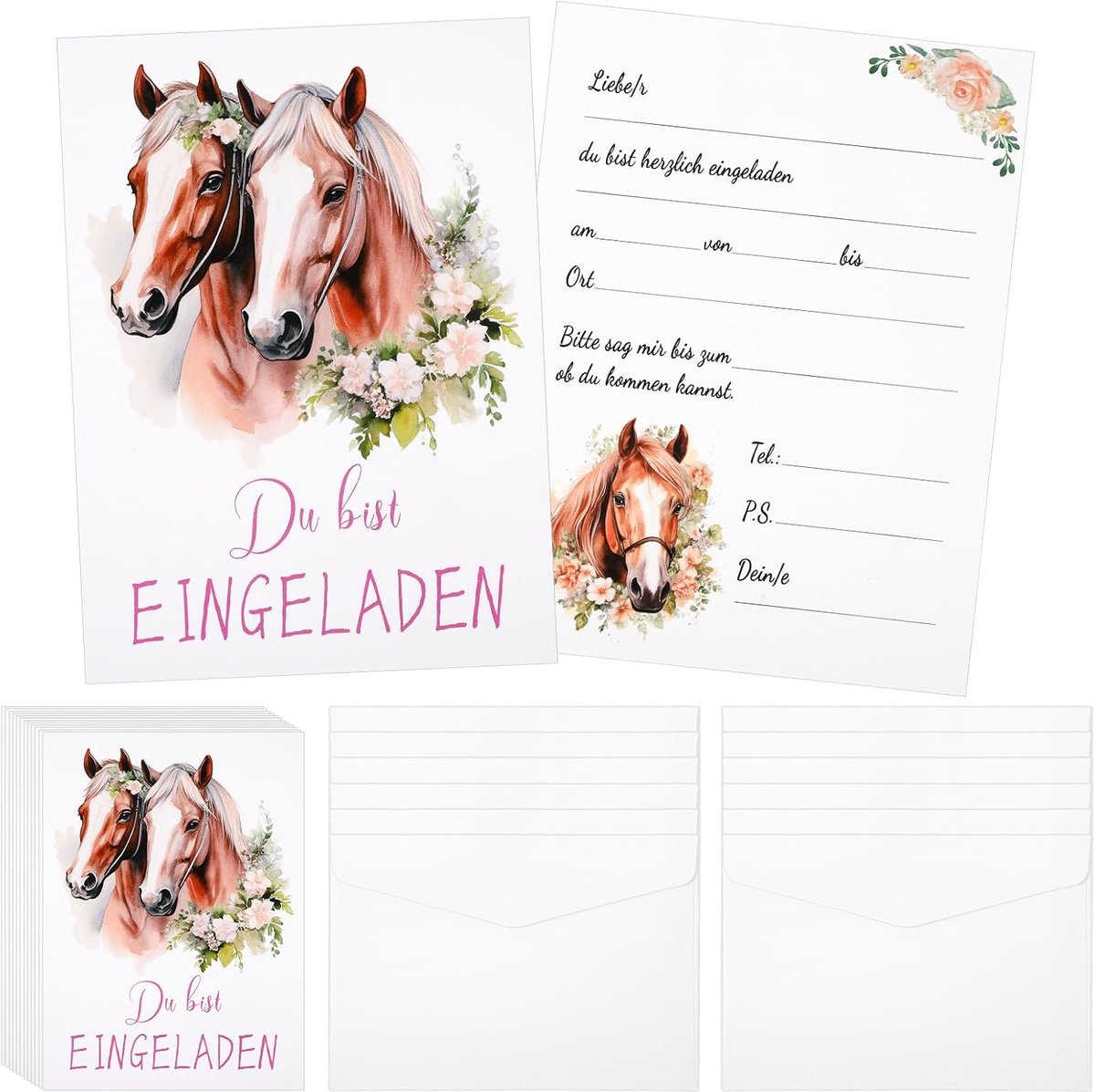 Uitnodigingskaarten - set van 12 met enveloppen - paarden thema - perfect voor verjaardagsfeest - ShopVlot