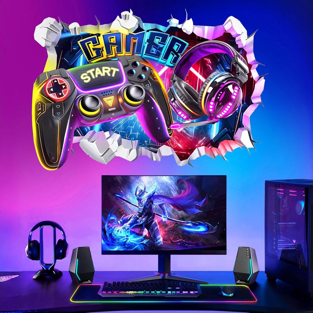Muurstickers gaming kamer - 3D gaming console effect - kleurrijke controller motieven - ShopVlot