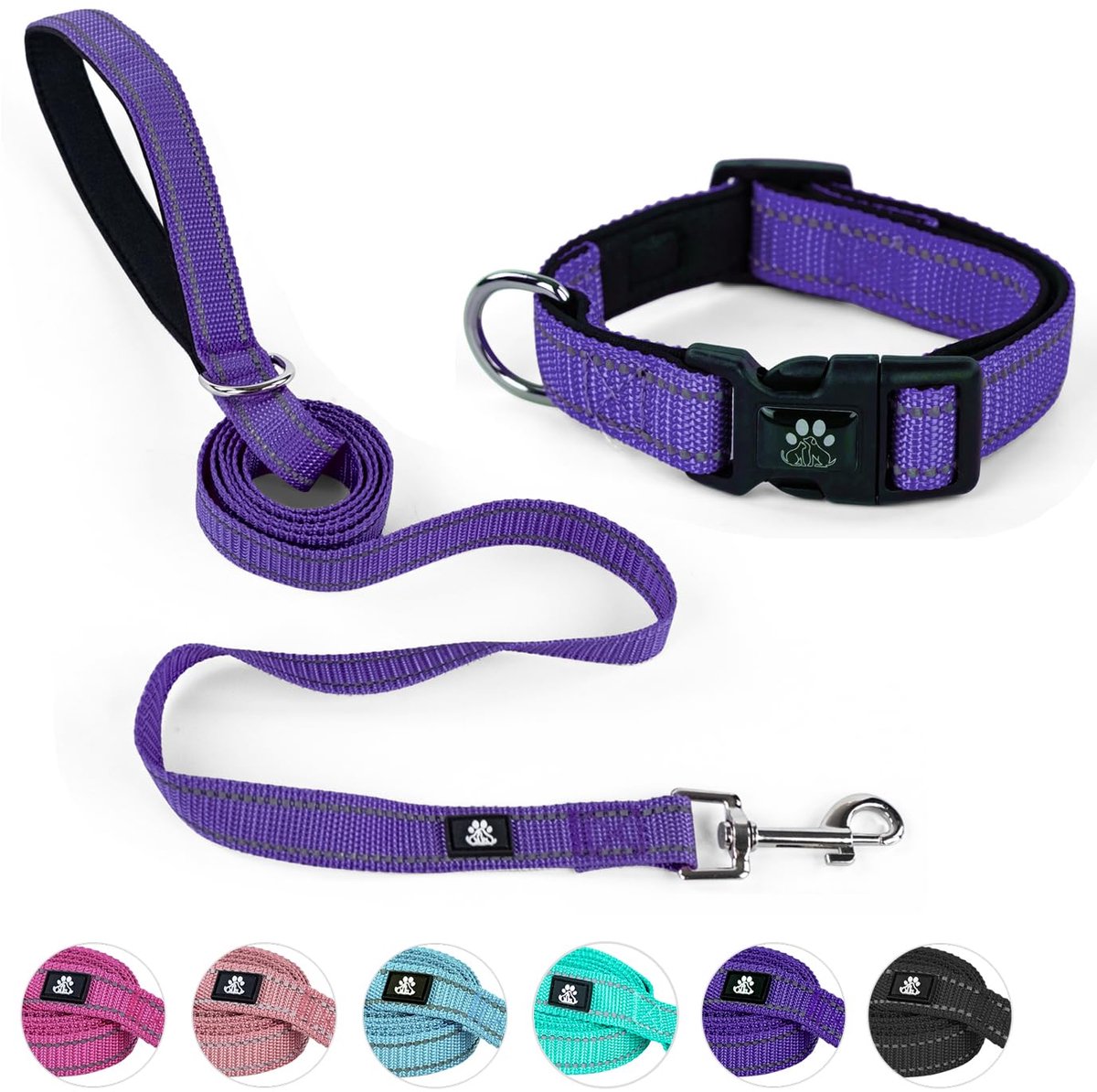Hondenhalsband en riem klein - paars nylon - zacht gevoerd - veilig wandelen - ShopVlot