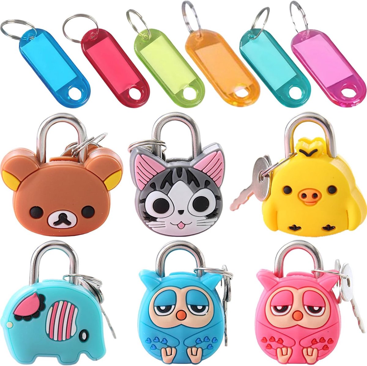 mini-hangslotenset 12-delig - kleurrijk - 6 dierensloten - ideaal voor koffer of dagboek - ShopVlot