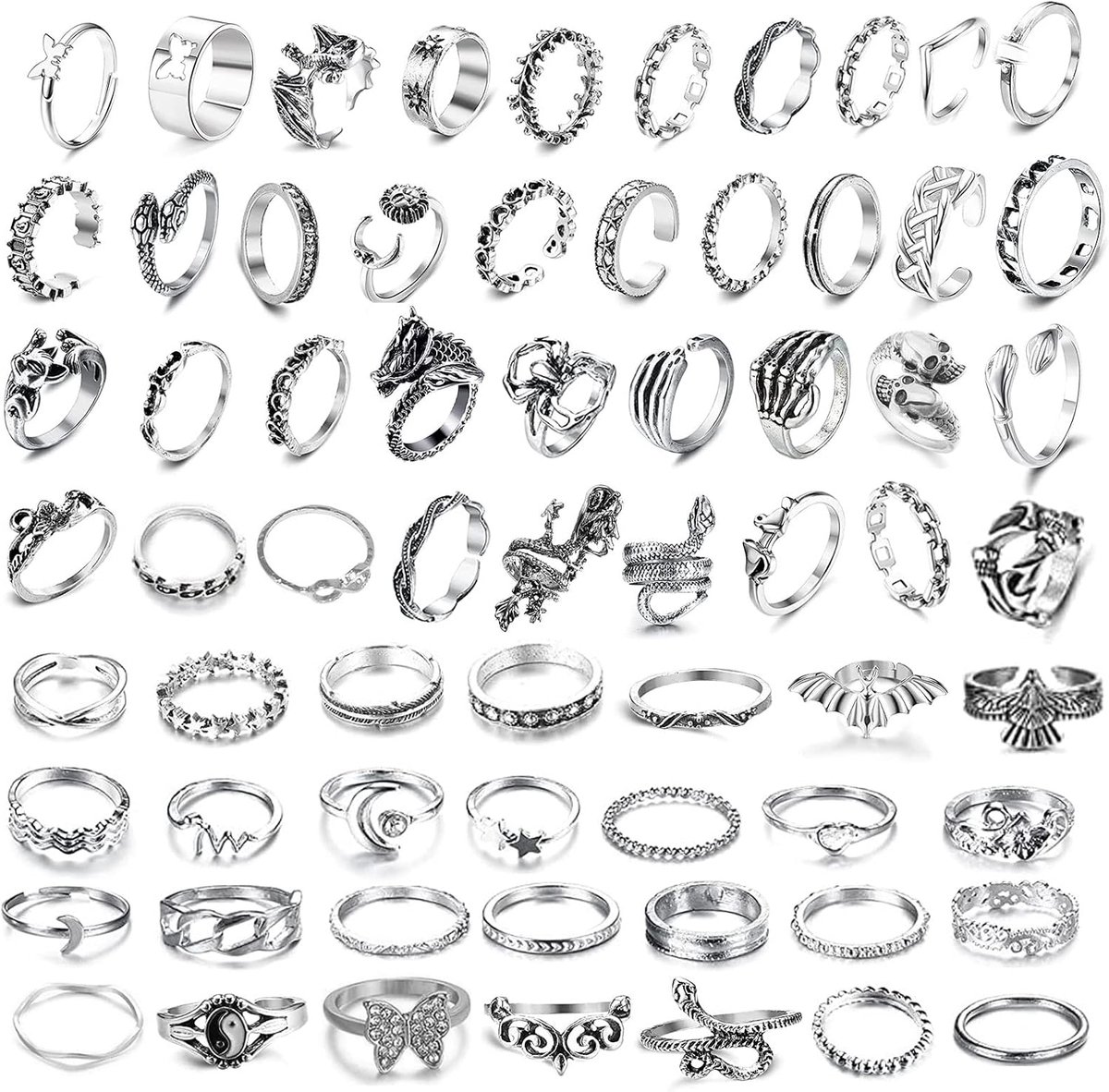 Vintage Punk Ringen Set 66 Delig Zilver Slangen Motief Stackable Chunky Emo Boho Ringen voor Heren en Dames