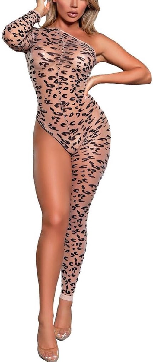 Bodystocking vrouwen, leopard patroon - net overall - één schouder, één been - perfect voor cosplay feest - SnelShoppen