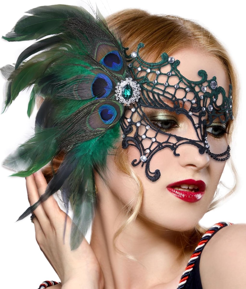 Lace mask met veren - oogmasker - elegant ontwerp - perfect voor carnaval - SnelShoppen