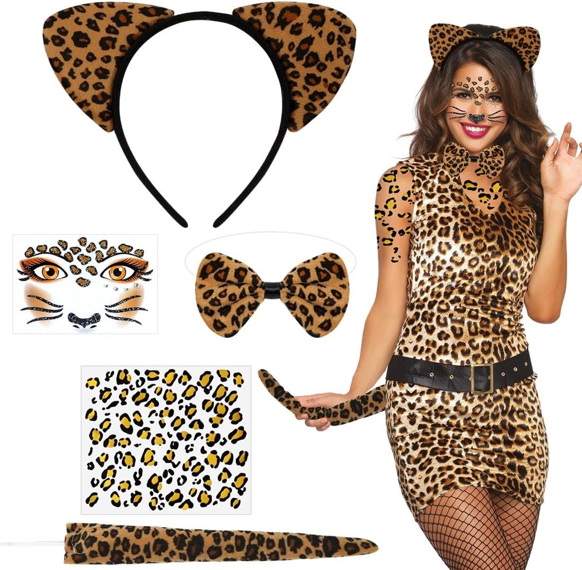 Leopard kostuum voor vrouwen, 5-delig - leopard oor, hoofdband, staart, strik, glittertatoeages - SnelShoppen