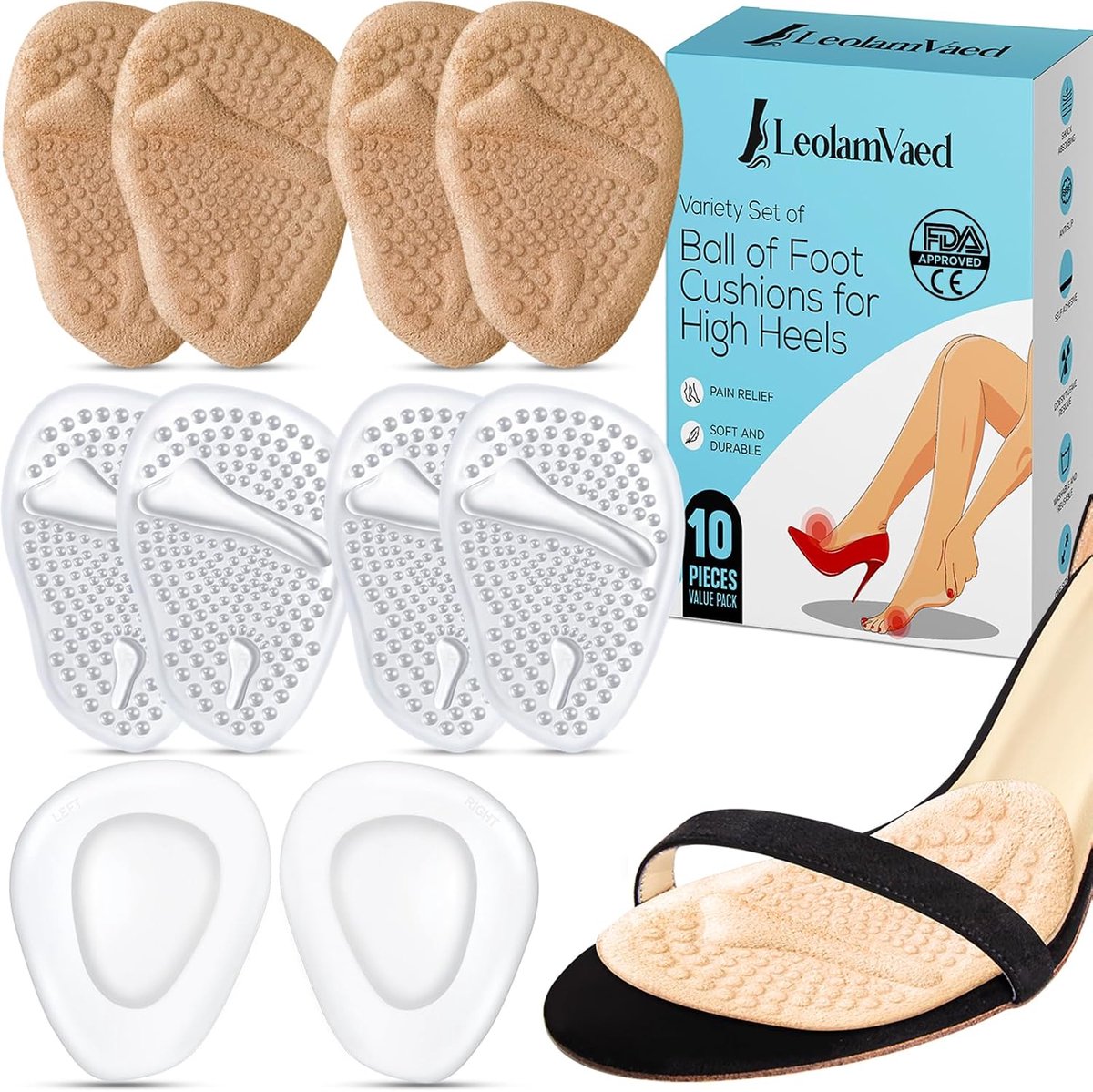 Metatarsaal pads voor vrouwen - wasbare voetkussens - 10 stuks voor all-day comfort - ShopVlot