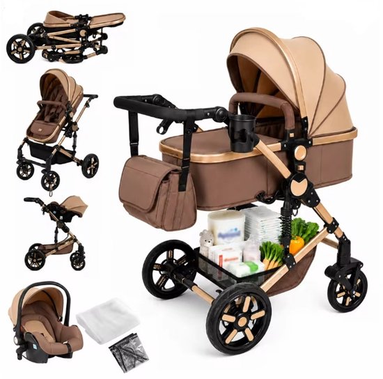Luxe 3-in-1 kinderwagen in kaki en bruin, met inklapbare functie, autostoeltje en reiswieg.