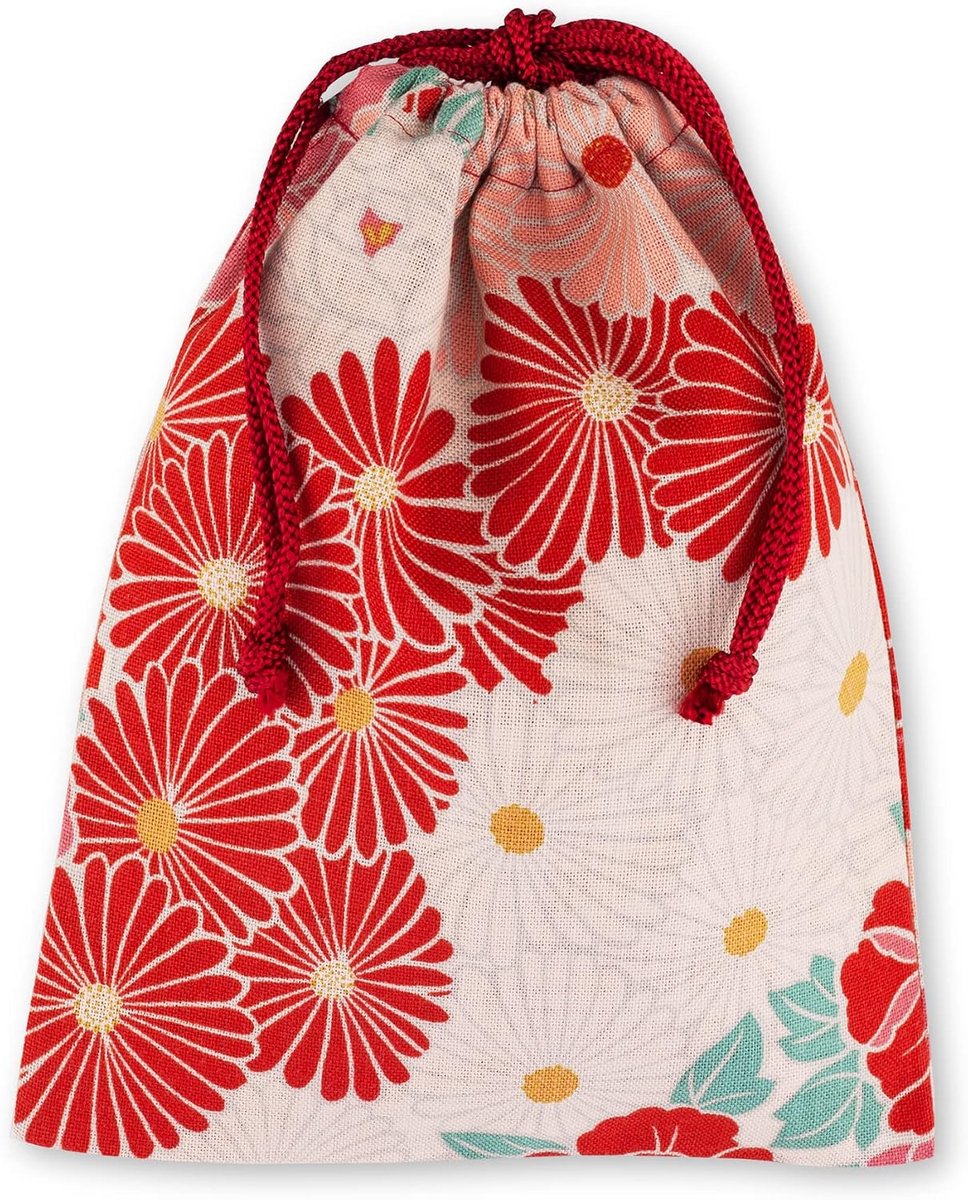 Trekkoord tas 25 x 19 cm - retro bloemen/rood - 100% katoen - ideaal voor dagelijks gebruik - ShopVlot